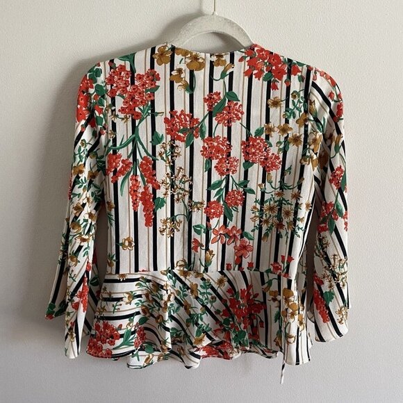 Zara Basic Collection Women S Striped Floral Kimono Sleeves Peplum Wrap Blouse - Picture 9 of 9